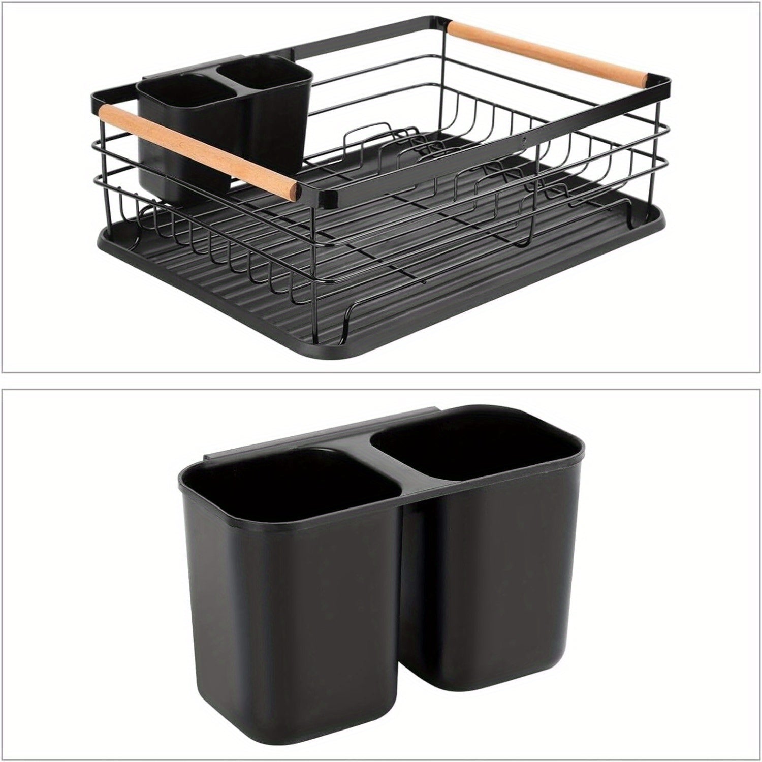Black Dish Drying Rack - Drip Tray and Wood Handles