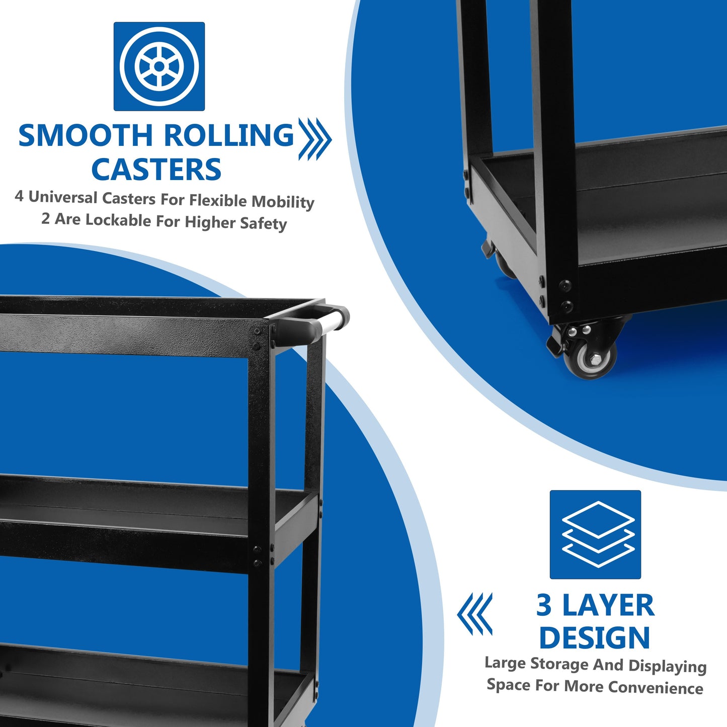 3 Tier Shelf Tool Trolley Cart ool Storage Trolley Bearing Wheel Heavy Duty Garage DIY Storage Trolley for Transport Tools Workshop