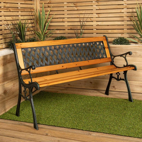 2 Seater Garden Bench Wooden Seat Cast Iron Legs Lattice Rose Backrest Outdoor Patio Bench 123cm Fir Wood Max 150kg Flat Pack