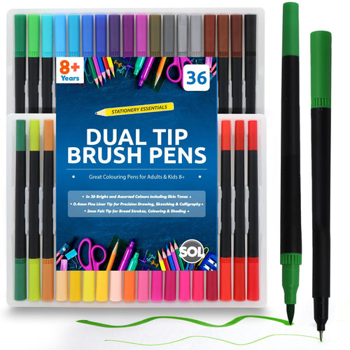 36 Pack Dual Tip Brush Pens Set | Watercolour Colouring Markers with Brush & Fine Tips | Drawing Pens for Colouring Books, Sketching, Calligraphy & Art Projects | Double Ended Felt Tip Pens for Adults & Students