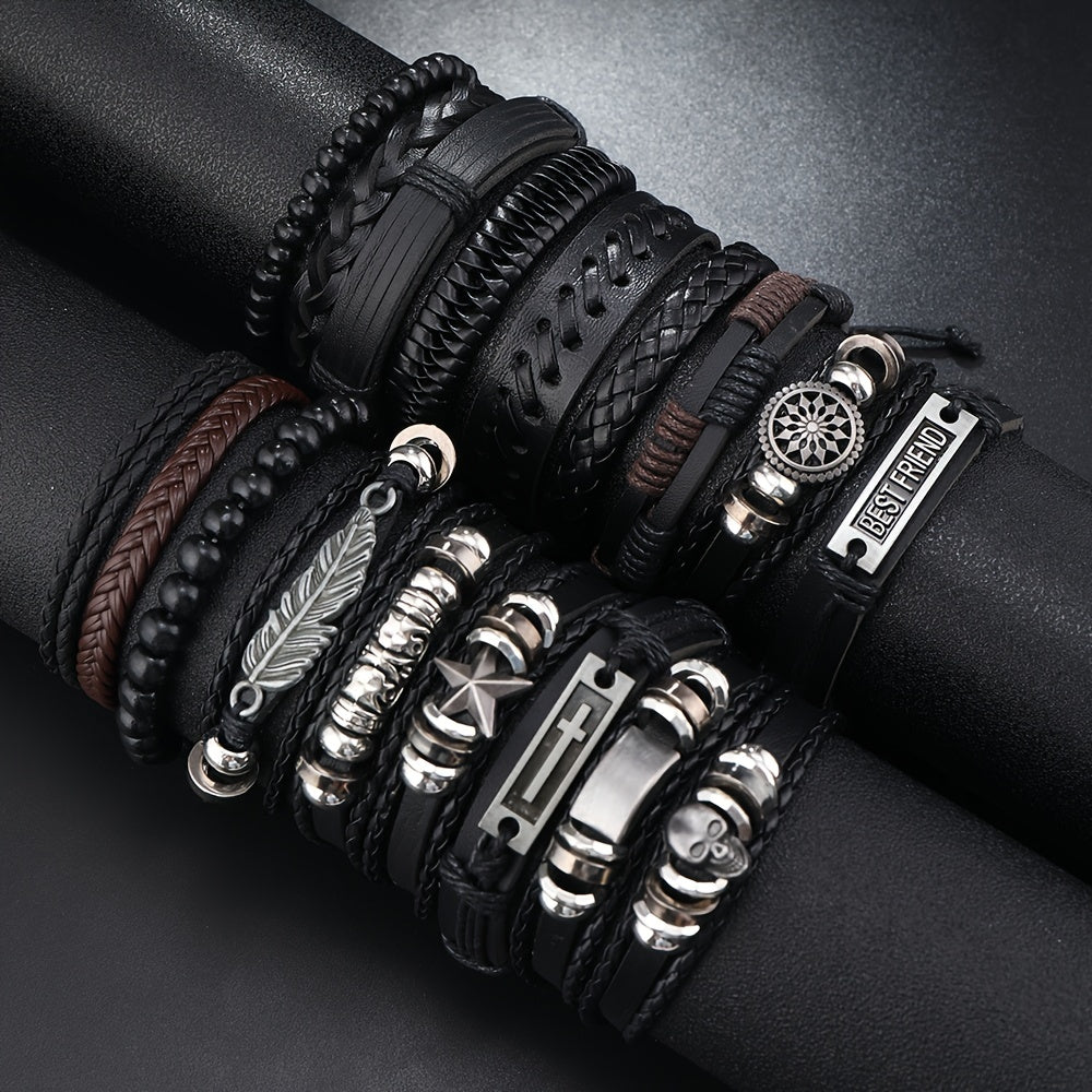 18pcs Vintage Hip Hop Bracelet Set - Punk Style, Faux Leather, Multi-Style Mix & Match Accessories for Men