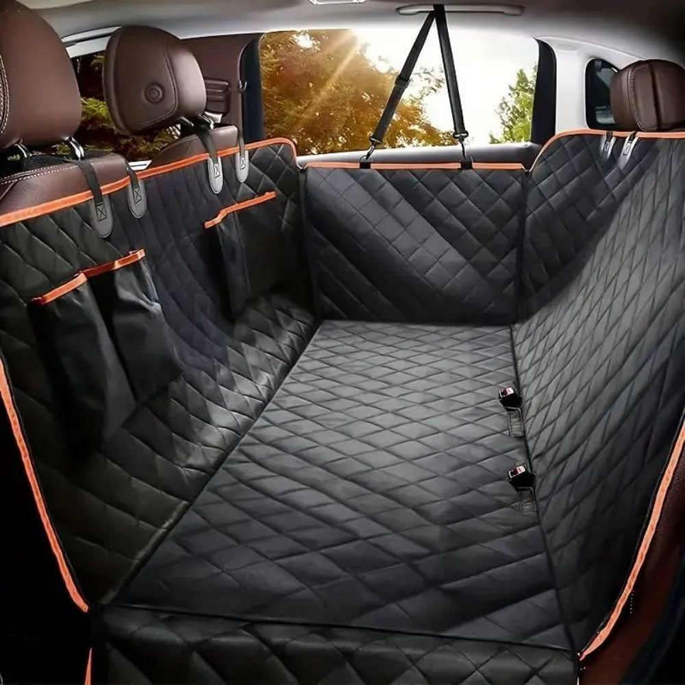 Waterproof Dog Car Seat Cover with Safety Harness Quilted Scratch Resistant Pet Hammock for Cars Trucks SUVs Black Orange Polyester Travel Cover