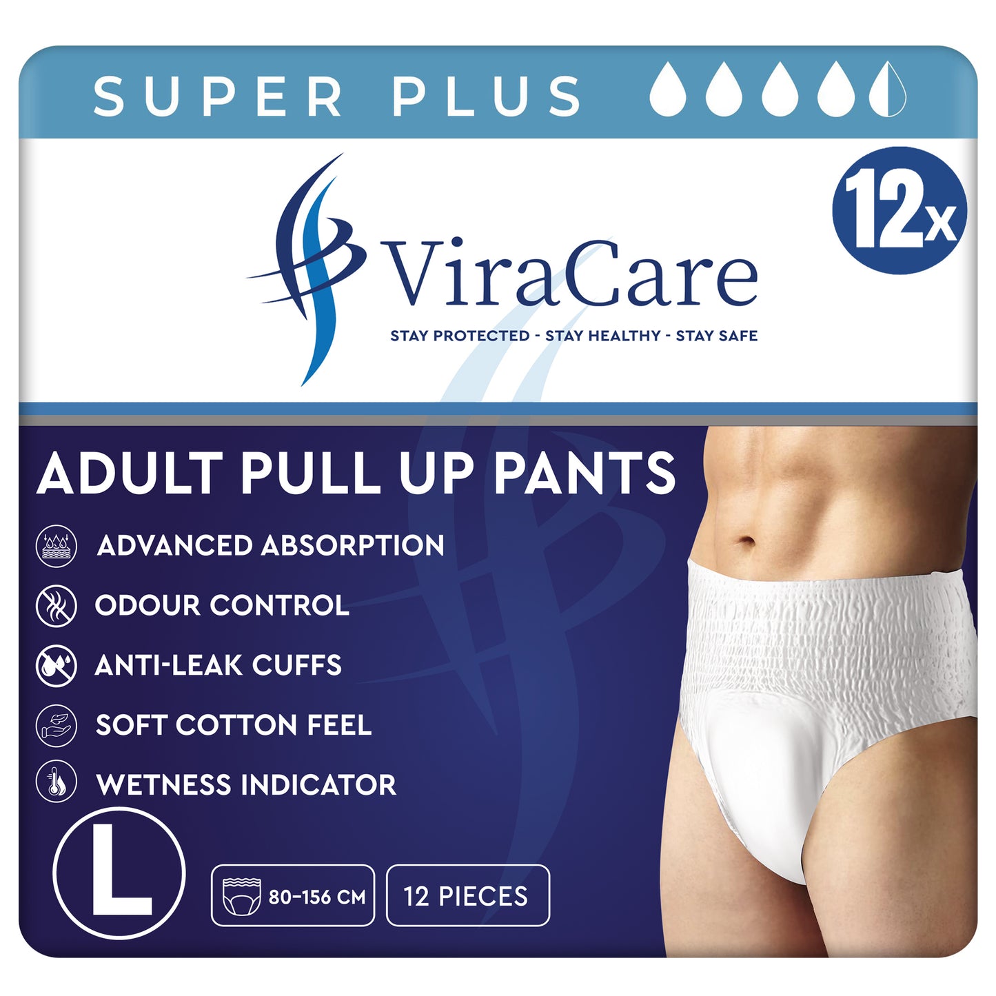 12 x Super Plus Absorbent Pants Women & Men | Adults Nappies | Advanced Absorption and Soft-Stretch Waistband | Adults Pull Up Pants | Waist Size Medium 65-135 cm | (1 Pack of 12)