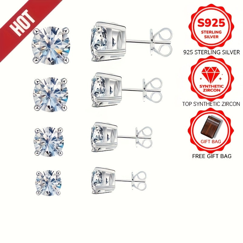 925 Sterling Silvery Synthetic Zirconia Stud Earrings Round 0.1-0.8Ct White 3/4/5/6mm Daily Wear Trendy for Women Accessories Female Gift