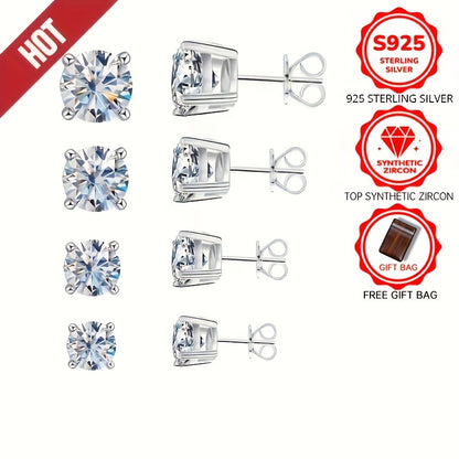 925 Sterling Silvery Synthetic Zirconia Stud Earrings Round 0.1-0.8Ct White 3/4/5/6mm Daily Wear Trendy for Women Accessories Female Gift