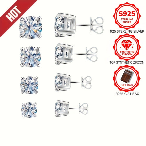 925 Sterling Silvery Synthetic Zirconia Stud Earrings Round 0.1-0.8Ct White 3/4/5/6mm Daily Wear Trendy for Women Accessories Female Gift