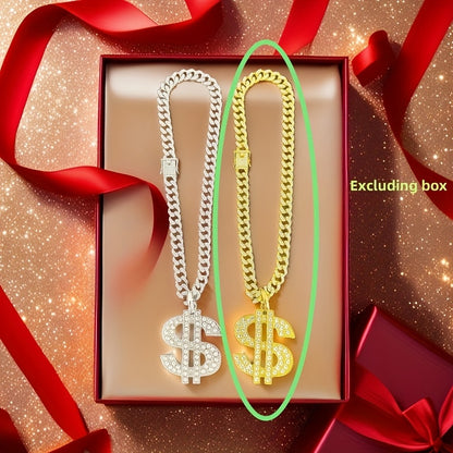 Large and Heavy US Dollar Symbol Pendant,  18K Gold Plated Alloy 18K Gold Plated-plated Cuban Chain Necklace with 12mm Full, Men's Hip-hop Style Ring Combination