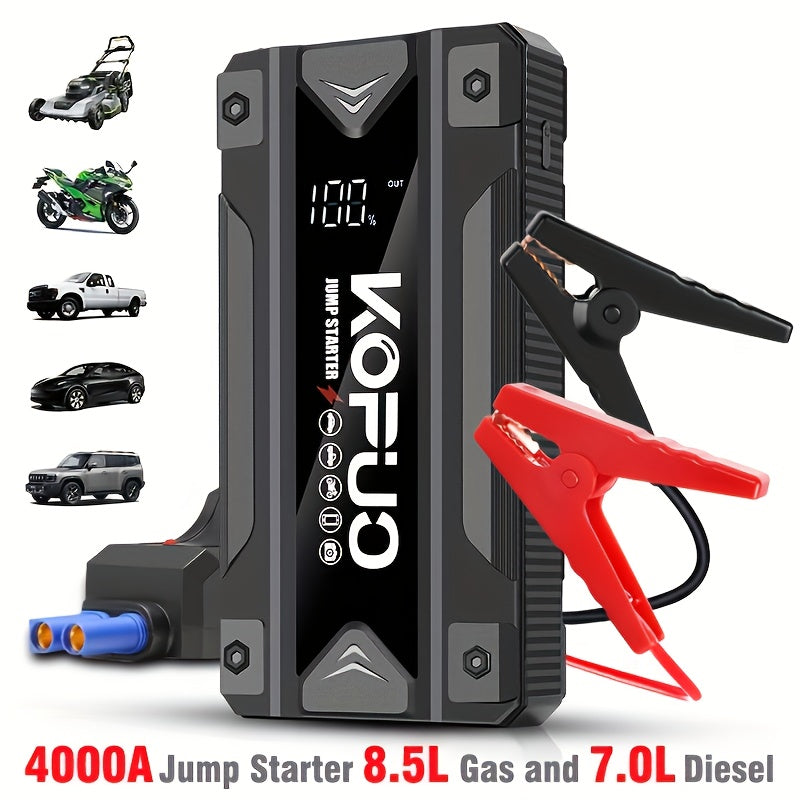 KOPUO Car Battery Jump Starter Portable 3000A: Supports 1.32gal Gas/1.06gal Diesel, with Safe Jumper Cables+Fast Charge+LED Light/SOS, Essential for Camping Trips/Long-Distance Road Trips/Vehicle Breakdowns