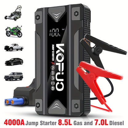 KOPUO Car Battery Jump Starter Portable 3000A: Supports 1.32gal Gas/1.06gal Diesel, with Safe Jumper Cables+Fast Charge+LED Light/SOS, Essential for Camping Trips/Long-Distance Road Trips/Vehicle Breakdowns