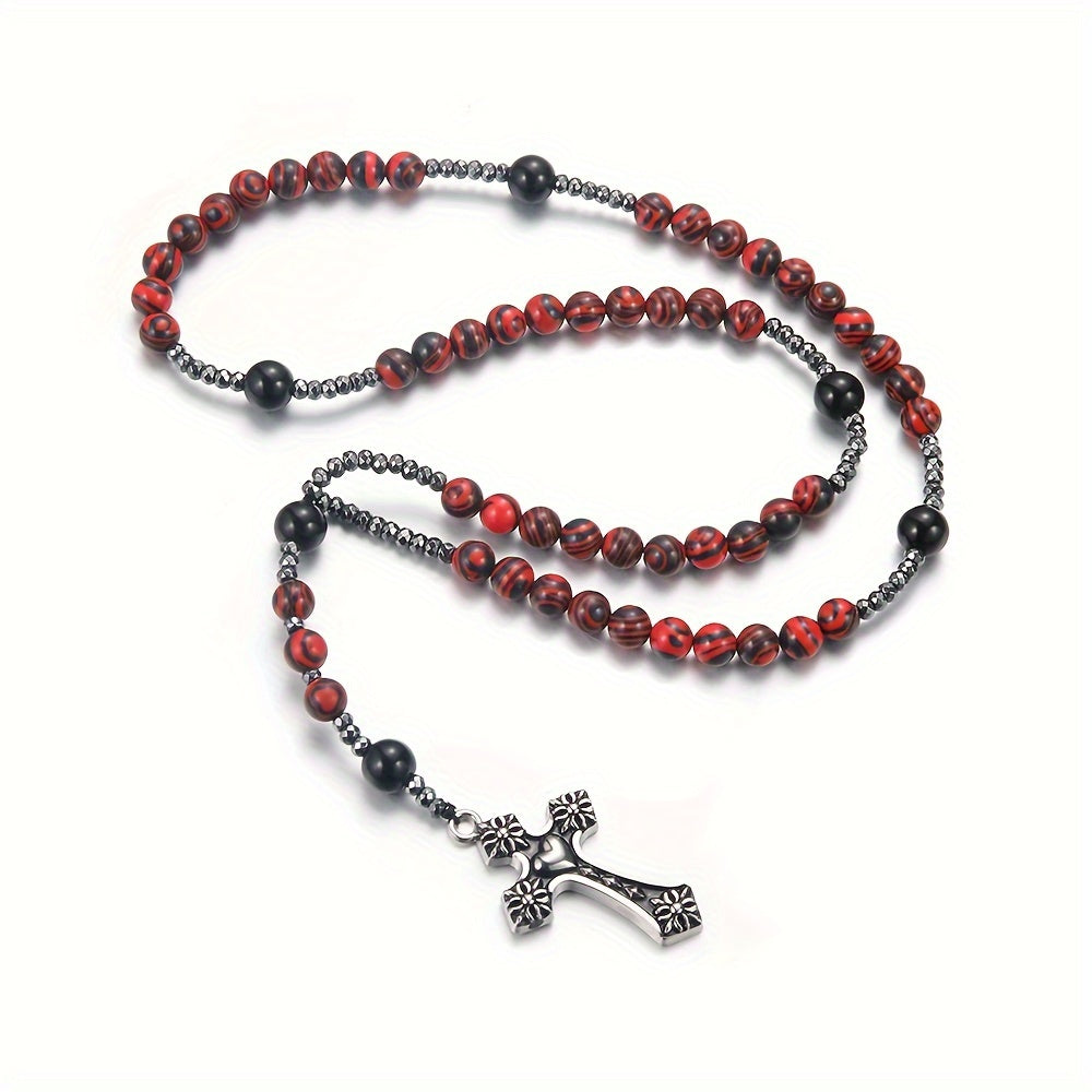 8Mm Red Bead Cross Pendant Necklace for Men And Women, Handmade Jewelry