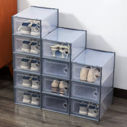 Folding Shoe Storage Box, 12 Pack Clear Transparent Shoe Storage Boxes Hard Plastic Stackable Organiser Containers Bins, DIY Easy Assembly, Sturdy & Durable, Space Saving, Black Door Frame, Foldable and Versatile for Sneakers, Fit up to UK Size 9.5