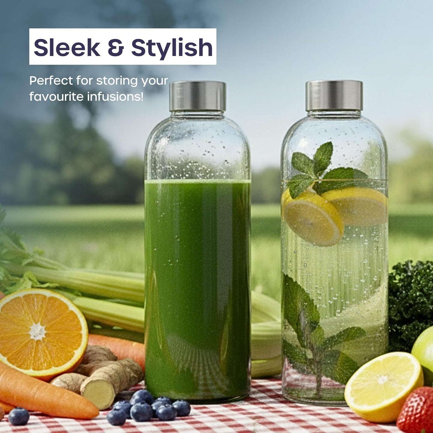 Glass Bottles with Lids - 6 Pack 500ml Leakproof, Reusable Glass Drinking Bottle for Water, Juice, Milk and Smoothie - with Airtight Metal Lids, Cleaning Brush and White Labels