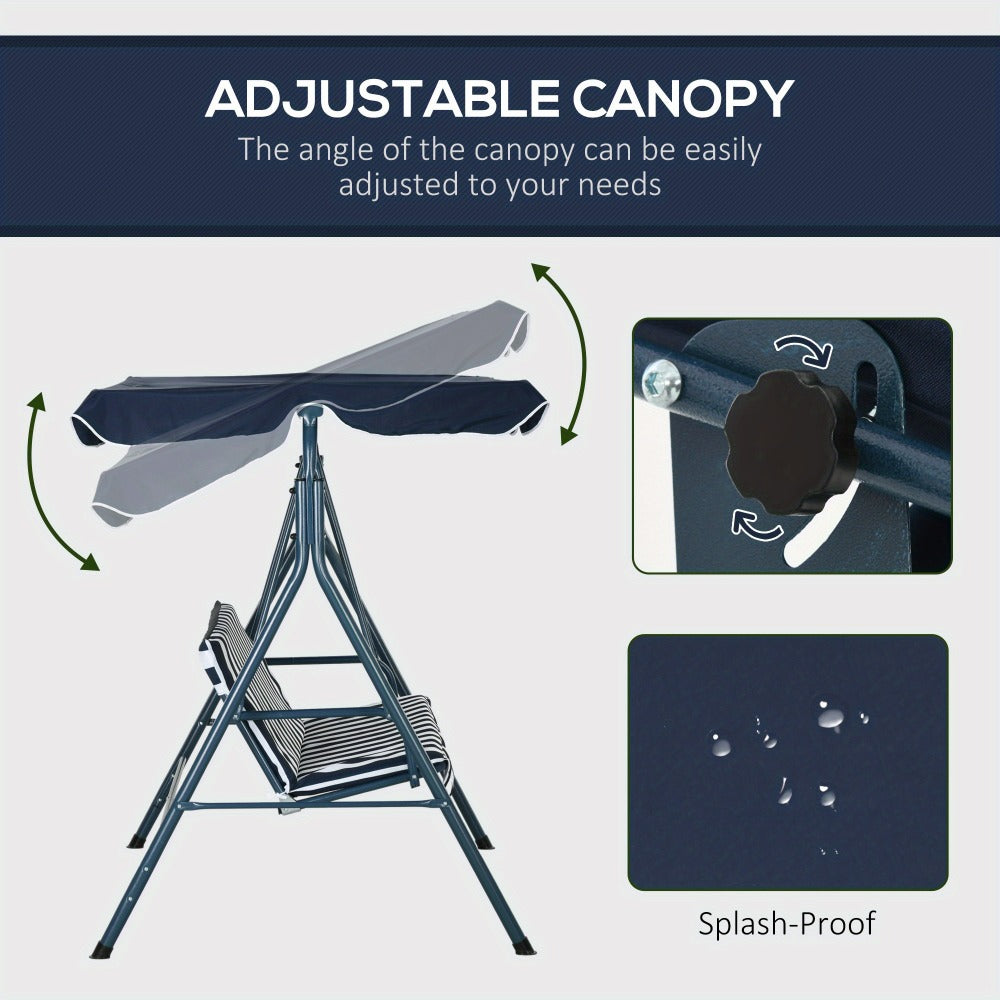 3-Person Garden Swing Chair with Adjustable Canopy Padded Seat Steel Frame Outdoor Patio Swing Bench Blue White