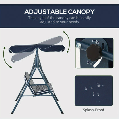 3-Person Garden Swing Chair with Adjustable Canopy Padded Seat Steel Frame Outdoor Patio Swing Bench Blue White