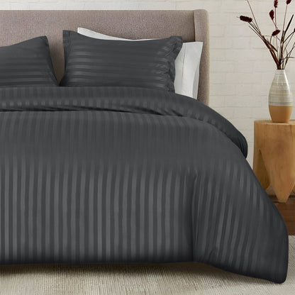 Premium Hotel Quality Satin Stripe Duvet Cover Set Double with Pillowcases | Reversible Soft Quilt Bedding | Easy Care Breathable Luxury Quilt Cover