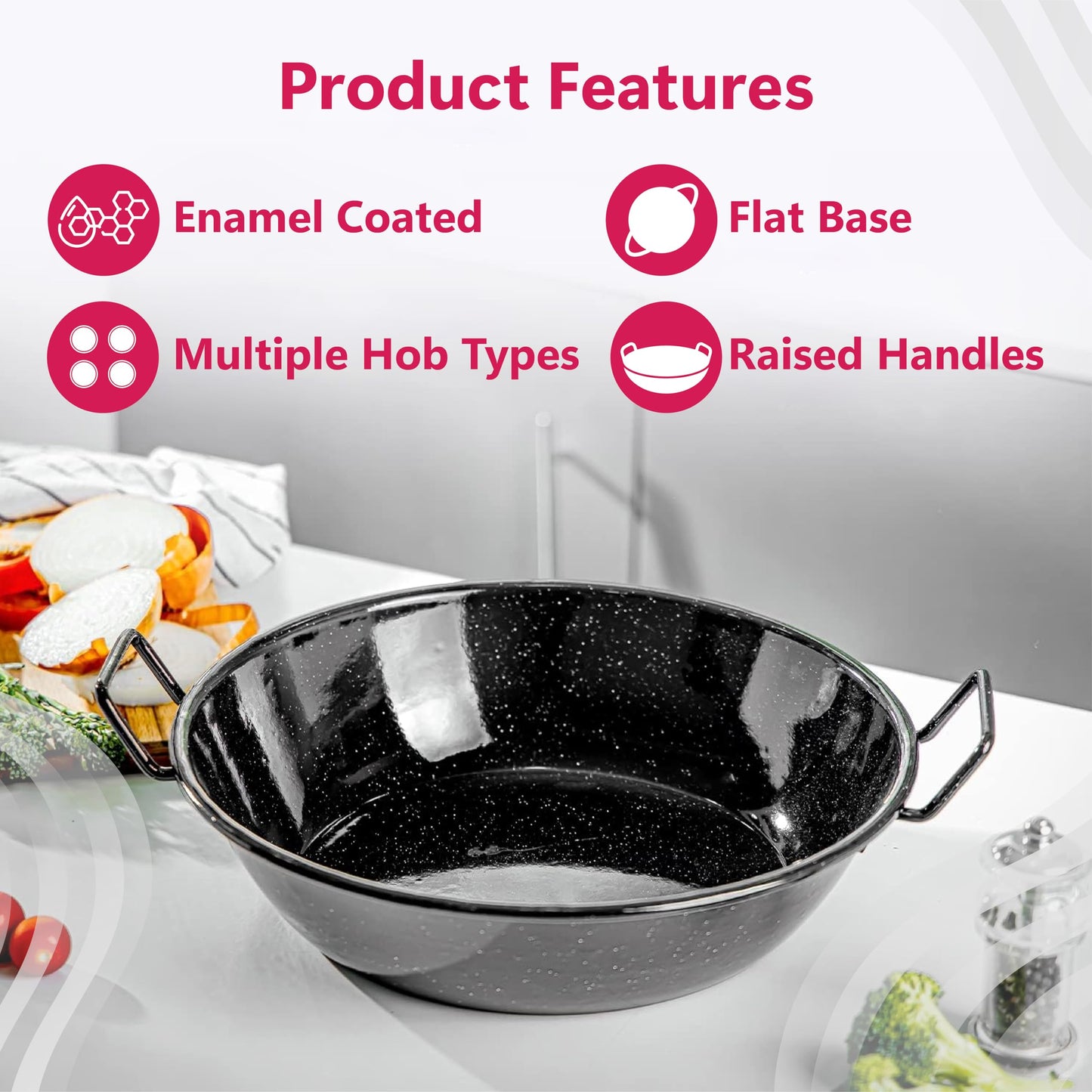 STL Enamel Wok Pan Kadhai with Raised Handles, Induction Safe, Flat Base for Even Heat Distribution, Heavy Duty Karahi for Shallow & Deep Frying, Black White Dots Design