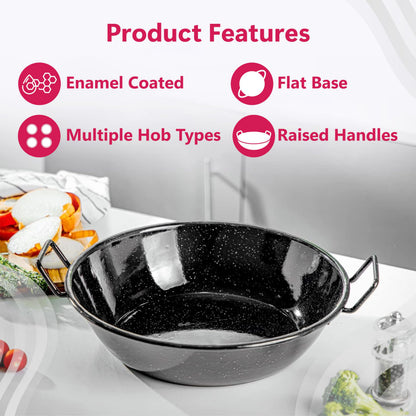 STL Enamel Wok Pan Kadhai with Raised Handles, Induction Safe, Flat Base for Even Heat Distribution, Heavy Duty Karahi for Shallow & Deep Frying, Black White Dots Design