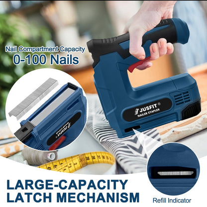 2-in-1 Electric Nail Gun & Staple Gun – Wireless USB Rechargeable with 1000pcs 18GA Brad Nails & 1000pcs Type 53 Staples, 100pc Capacity, Lightweight for DIY, Carpentry, Upholstery & Home Renovation
