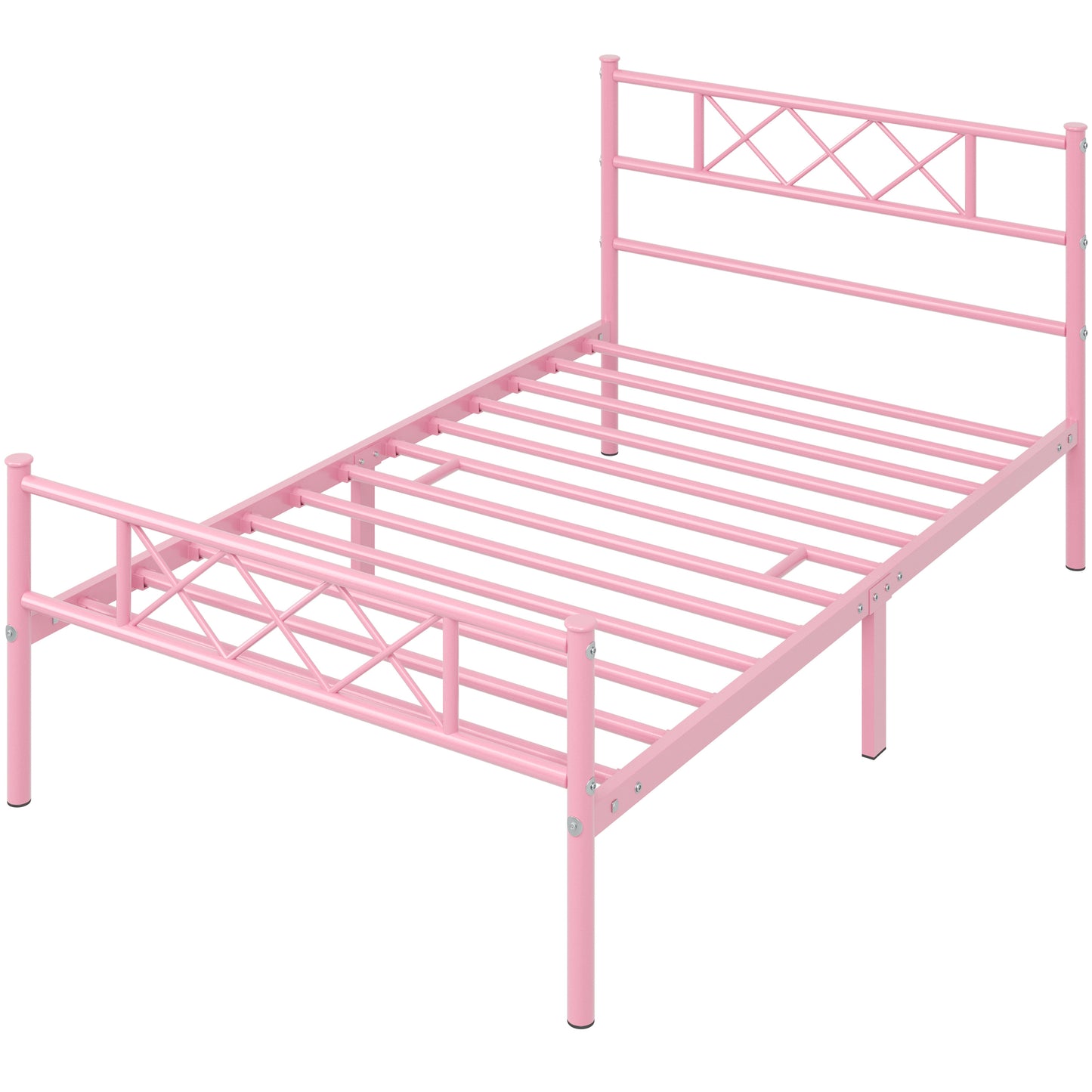 Costoffs Metal Bed Frame Metal-Framed Bed Base with Storage, Bed Foundation for Small Space, Easy Assembly Bed Foundation with Cross-design Headboard and Footboard for Bedrooms, Single/Double/king, Black/White/Pink