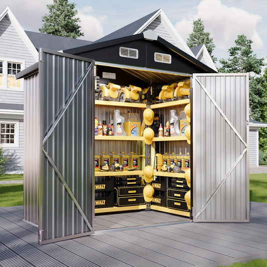 Nordivale 6x4 5x3 91.44x91.44 cm Metal Outdoor Storage Shed Lockable Double Hinged Door Garden Shed, Sloped Roof Bike Storage Shed & Outdoor Storage Utility Shed For Garden, Backyard, Patio(Brown/Black) Temporary&Removable Not For Permanent Purposes