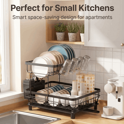 2 Tier Dish Drainer Rack Black Kitchen Counter Dish Storage Rack with Drip Tray Utensil Holder