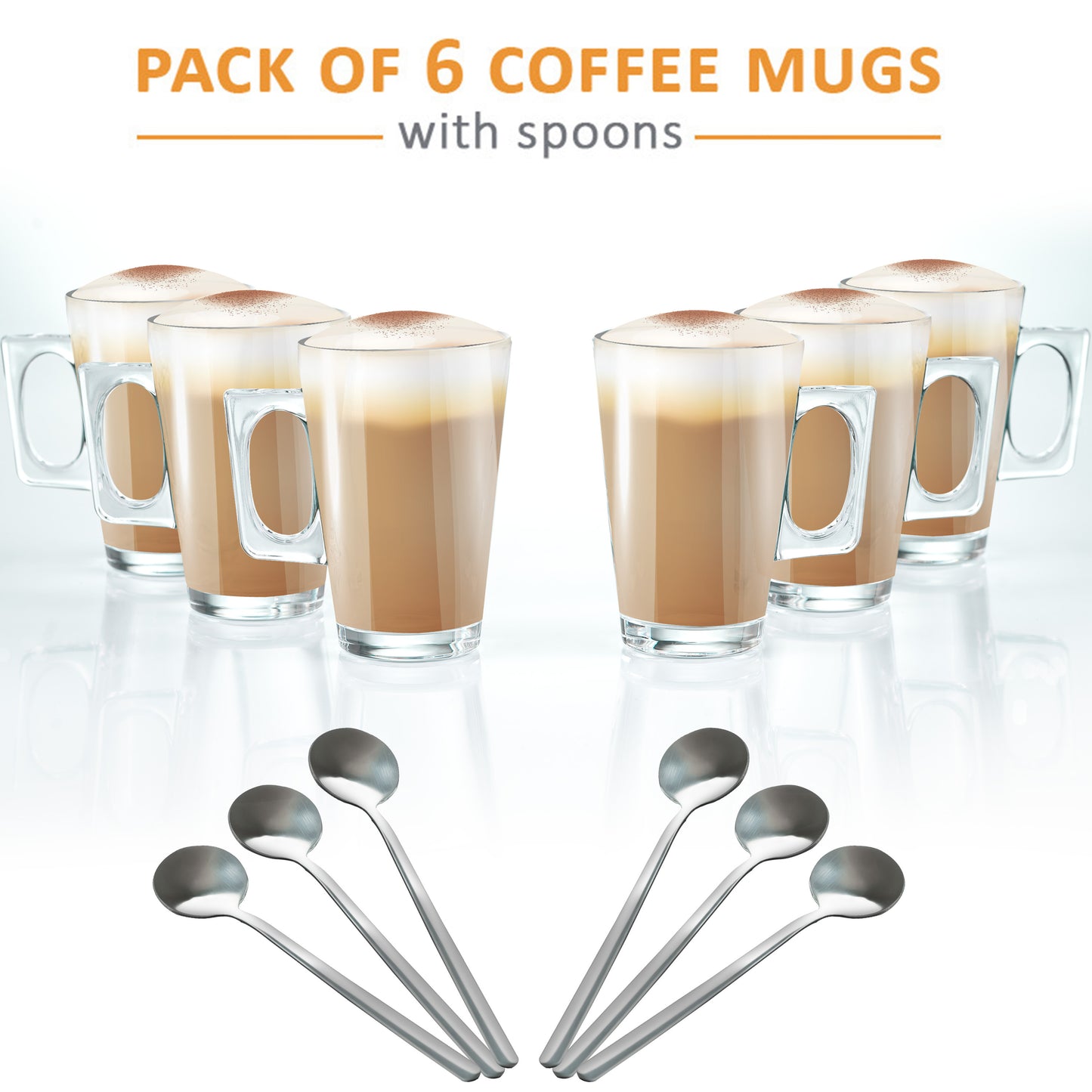 Set of 6 Latte Glasses, Latte Mugs 240 ml Temperature Resistant - Stylish Latte Cups Hot Drink Cafe Mugs - Ideal for Ice Cream Latte, Cappuccino & Hot Chocolate - Transparent