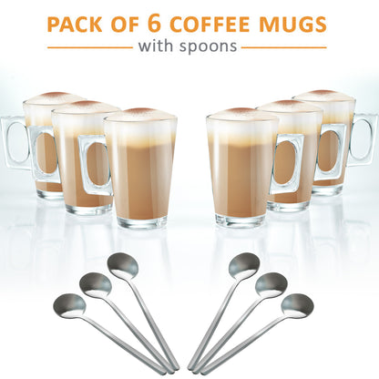 Set of 6 Latte Glasses, Latte Mugs 240 ml Temperature Resistant - Stylish Latte Cups Hot Drink Cafe Mugs - Ideal for Ice Cream Latte, Cappuccino & Hot Chocolate - Transparent
