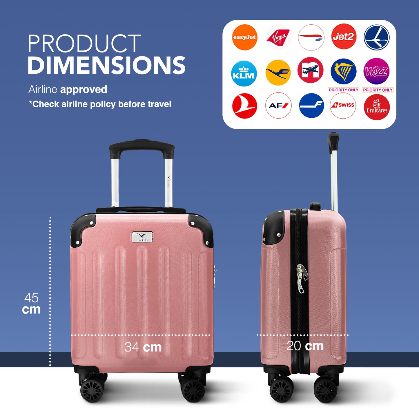 LUGG Skywander 15 Inch (45x34x20cm) Lightweight Underseat Cabin Bag EasyJet Approved Carry-On Suitcase, Durable ABS Hard Shell, Smooth Double Spinner Wheels, Water Resistant & Compact Travel Luggage (45x34x20cm)