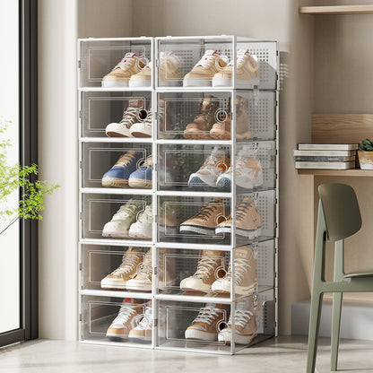 Pack of 12 Stackable Shoe Organizers Shoe Storage Boxes with Dustproof Doors, Large Shoe Boxes Transparent Foldable Shoe Storage Cabinet, Portable Space-saving Shoe Box, Under Bed Shoe Containers, Versatile Footwear Containers Holder for Entryway, Closet,