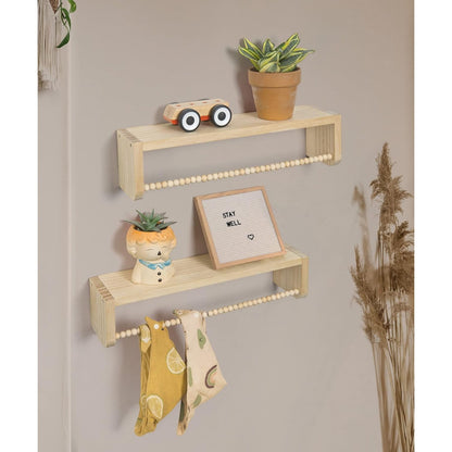 40cm Set of 3 Shelves Floating Book Shelf for Wall, Shelves for Bedroom Bookshelf Pink Room Decor, Solid Wood Small Organizer With Wooden Bead Design