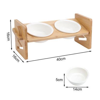 Raised Cat Bowl, Cat Bowls with Stand Tilted 15°, Adjustable Elevated Ceramic Cat Food Bowl for Cats and Small Dog, Adjustable Dog Bowl Stand - Raised Bamboo Stand with One, Two, or Three Ceramic Bowls for Feeding Small,Medium Sized Dogs, Cats,and Pets -