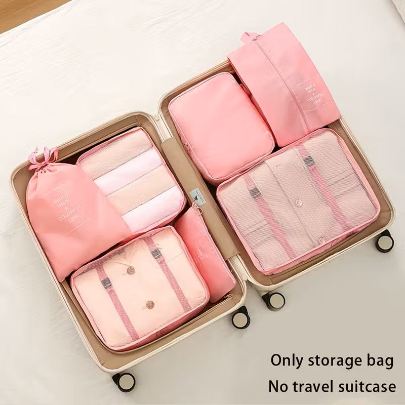 Packing Cubes Set of 7 for Suitcase – Travel Organiser Bags for Clothes, Shoes, Toiletries & Accessories, Oxford Fabric Luggage Sorting Pouches for Holiday & Business Travel in Grey, Pink, Blue & Beige