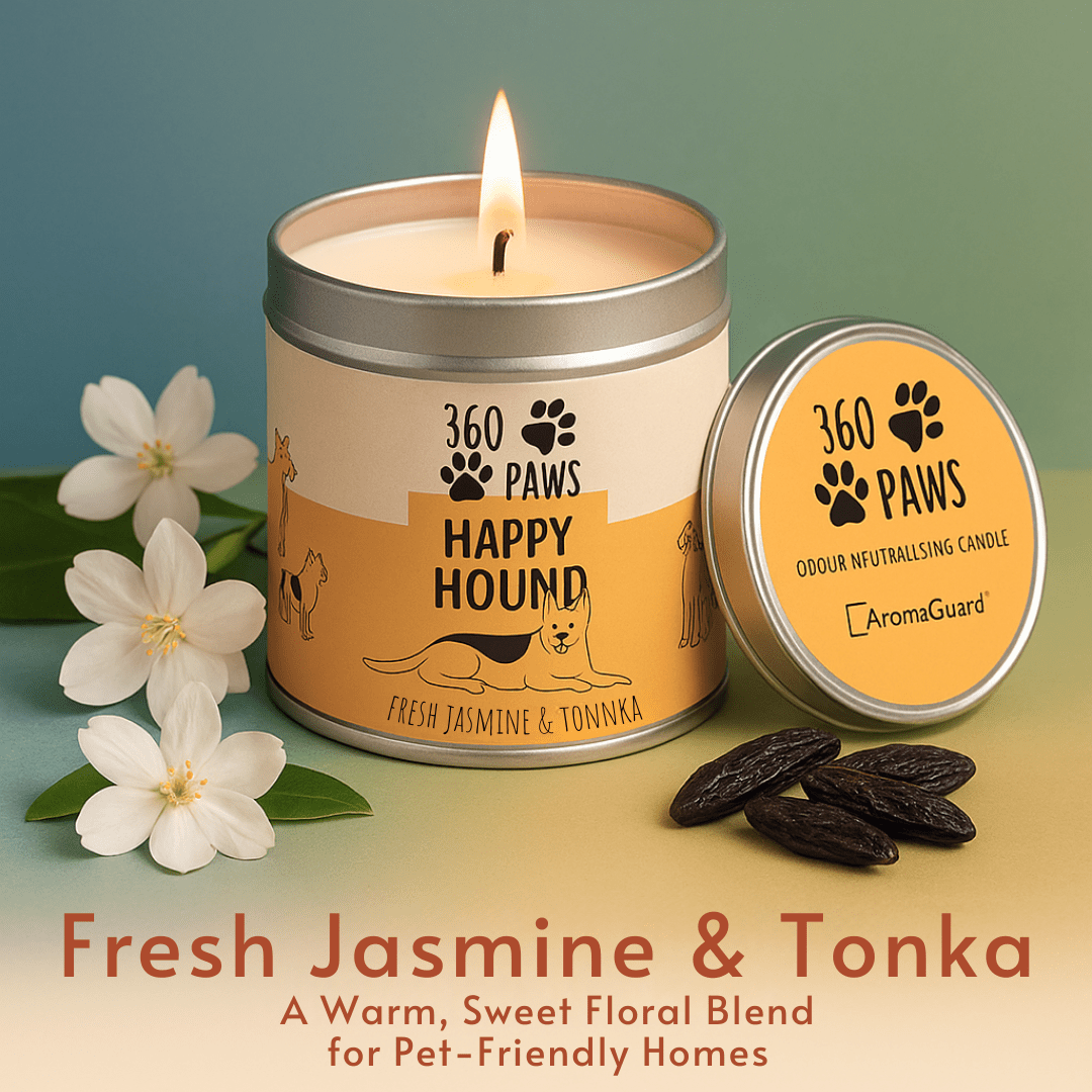 Happy Hound Candle – Fresh Jasmine & Tonka | Odor-Neutralizing Long-Lasting Pet-Friendly Candle | 50-Hour Burn Time AromaGuard Scented Candle for Home