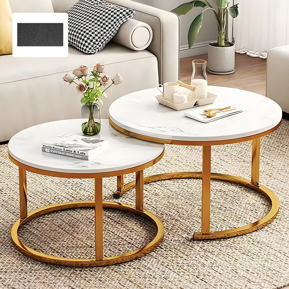 Round Nesting Coffee Tables Set of 2 Stackable Sofa Side Tables Living Room Gold White Wooden Nesting Table Pair with Storage Space UK