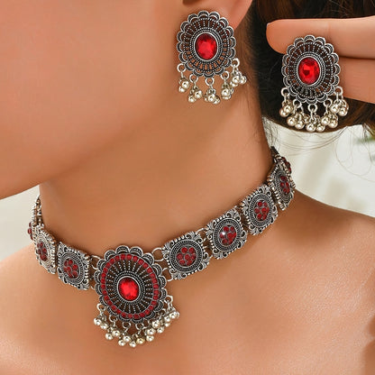 1 Necklace + 1 Pair of Earrings, Indian Bohemian Style Luxury Fringe Heavywork Women's Necklace and Earrings Set