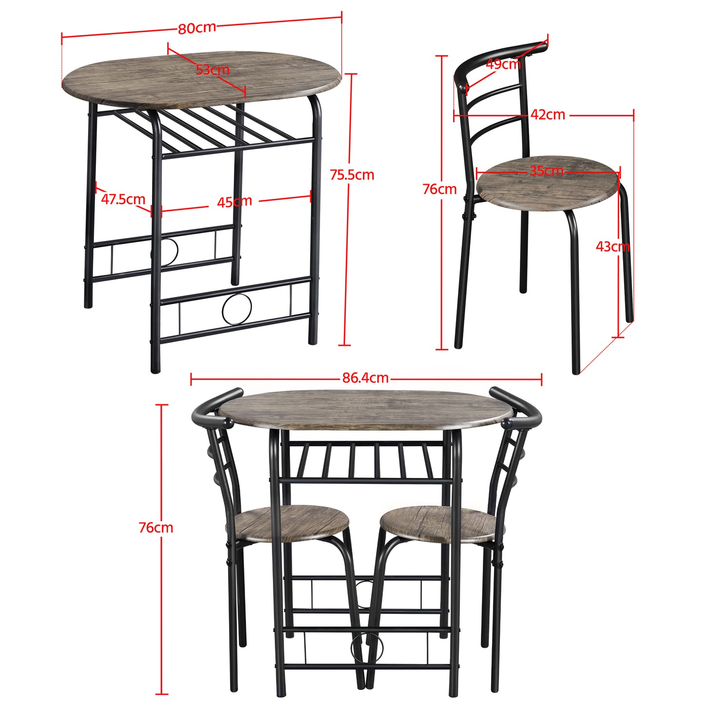 Costoffs 3 Piece Dining Table Set Modern Kitchen Table Set Space Saving Table and 2 Chairs Set with Steel Legs/Storage Rack for Kitchens/Balconies/Bedrooms/Apartments/Cafés, Natural/Drift Brown/White