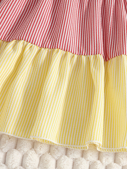 New Summer Style Girls' Colorblock Striped Dress, Cute Flutter Sleeve Dress, Summer Casual Dress, Summer Children's Clothing, Casual Daily Wear, Sweet and Adorable Girls' Dress, Girls' Clothes, Easter