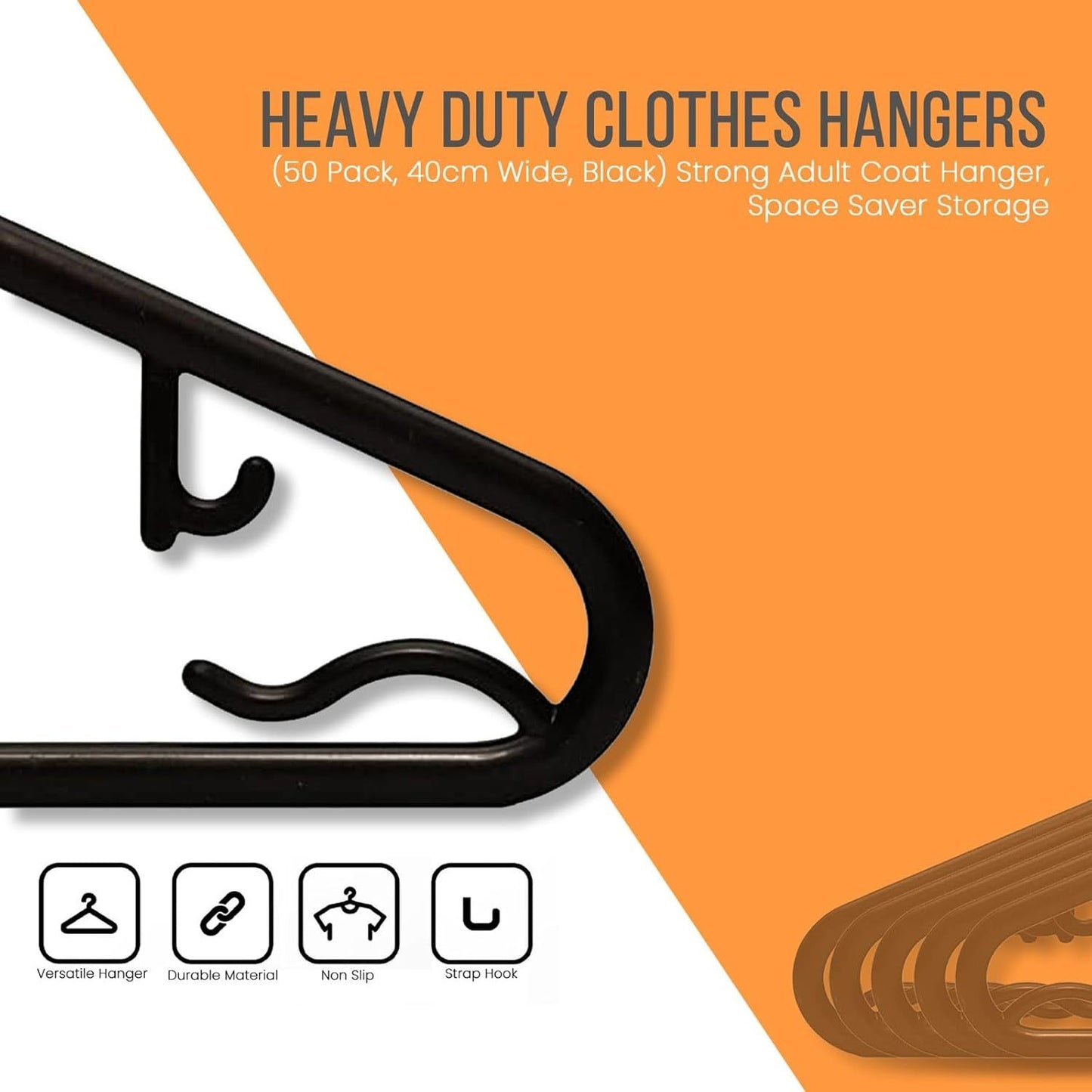 STL Adult Plastic Coat Hangers (60pcs/Black) - Premium Space-Saving Wardrobe Organizer with Strap Hooks and Secure Lip