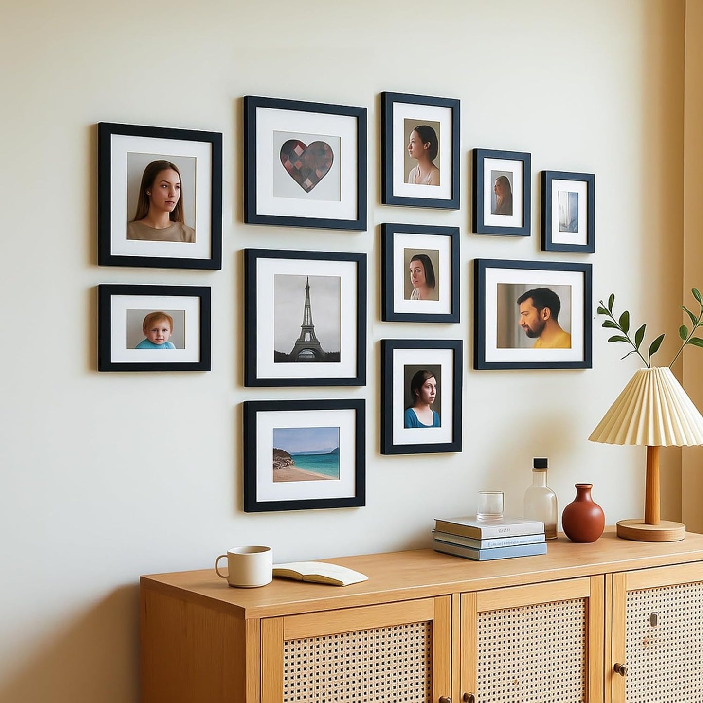 19 Pcs Wooden Photo Frame Set, Multi Size Picture Frames with Stand & Wall Hooks, Tabletop or Wall Mounted Display