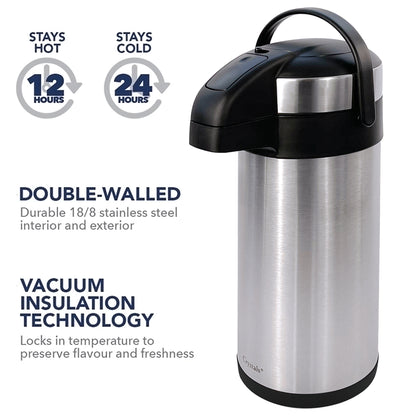 Stainless Steel Insulated Vacuum Airpot Flask with Pump Action, Thermal Carafe for Hot or Cold Drinks