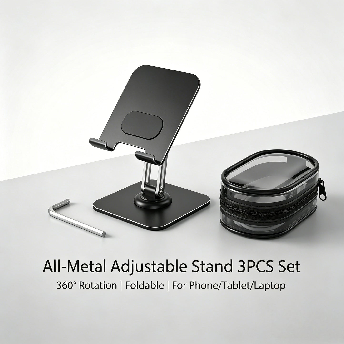 3-piece set (1 heavy-duty adjustable tablet stand+1 hex wrench+data cable storage bag) -360 ° rotating base, foldable design, all metal structure, ergonomic desktop stand, suitable for iPad, tablet, phone, and laptop, sturdy and stable, suitable for both