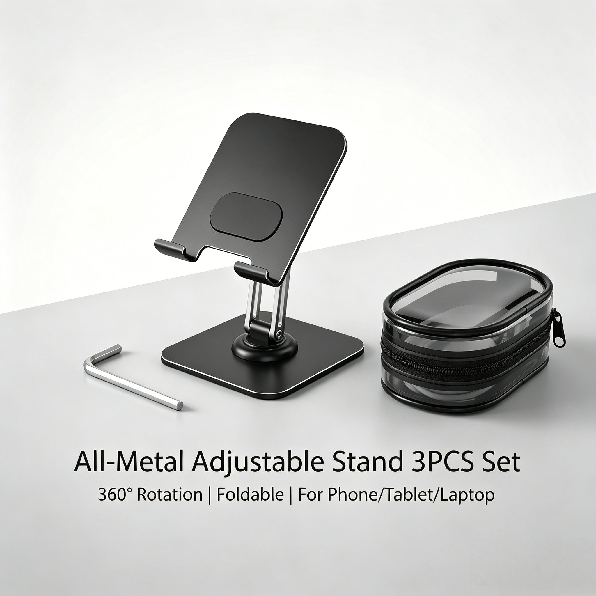Adjustable Tablet Stand 360° Rotating All-Metal Foldable Desktop Holder for iPad Phone Laptop - 3-Piece Set with Hex Wrench & Cable Storage Bag