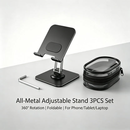 3-piece set (1 heavy-duty adjustable tablet stand+1 hex wrench+data cable storage bag) -360 ° rotating base, foldable design, all metal structure, ergonomic desktop stand, suitable for iPad, tablet, phone, and laptop, sturdy and stable, suitable for both