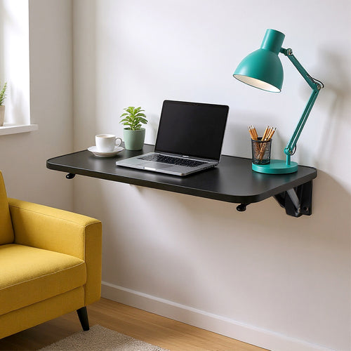 Folding Wall-Mounted Laptop Desk, Space-Saving Study and Reading Table, Metal Iron Frame Design, Durable and Sturdy Wall Desk for Home or Office, Black/White, 52x24cm / 65x24cm / 75x24cm