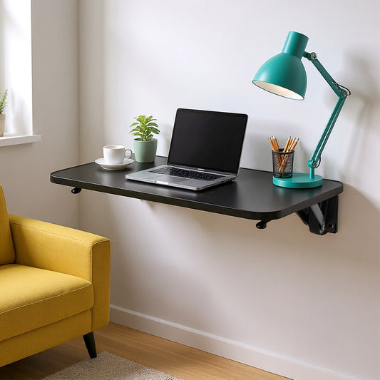 Folding Wall-Mounted Laptop Desk, Space-Saving Study and Reading Table, Metal Iron Frame Design, Durable and Sturdy Wall Desk for Home or Office, Black/White, 52x24cm / 65x24cm / 75x24cm