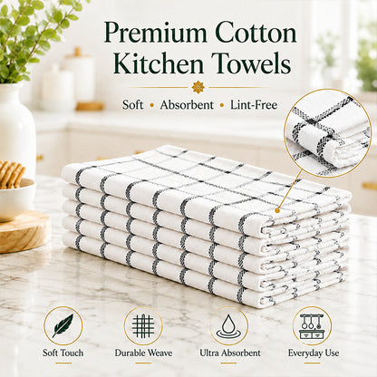 12 Pack white Kitchen Towels with black checkered stripe patterns set 60x40cm, Bulk Cleaning Towels, Cotton Soft Dish Cloths, Plaid and Checkered Tea Towels for Kitchen Cleaning and Daily Household Use