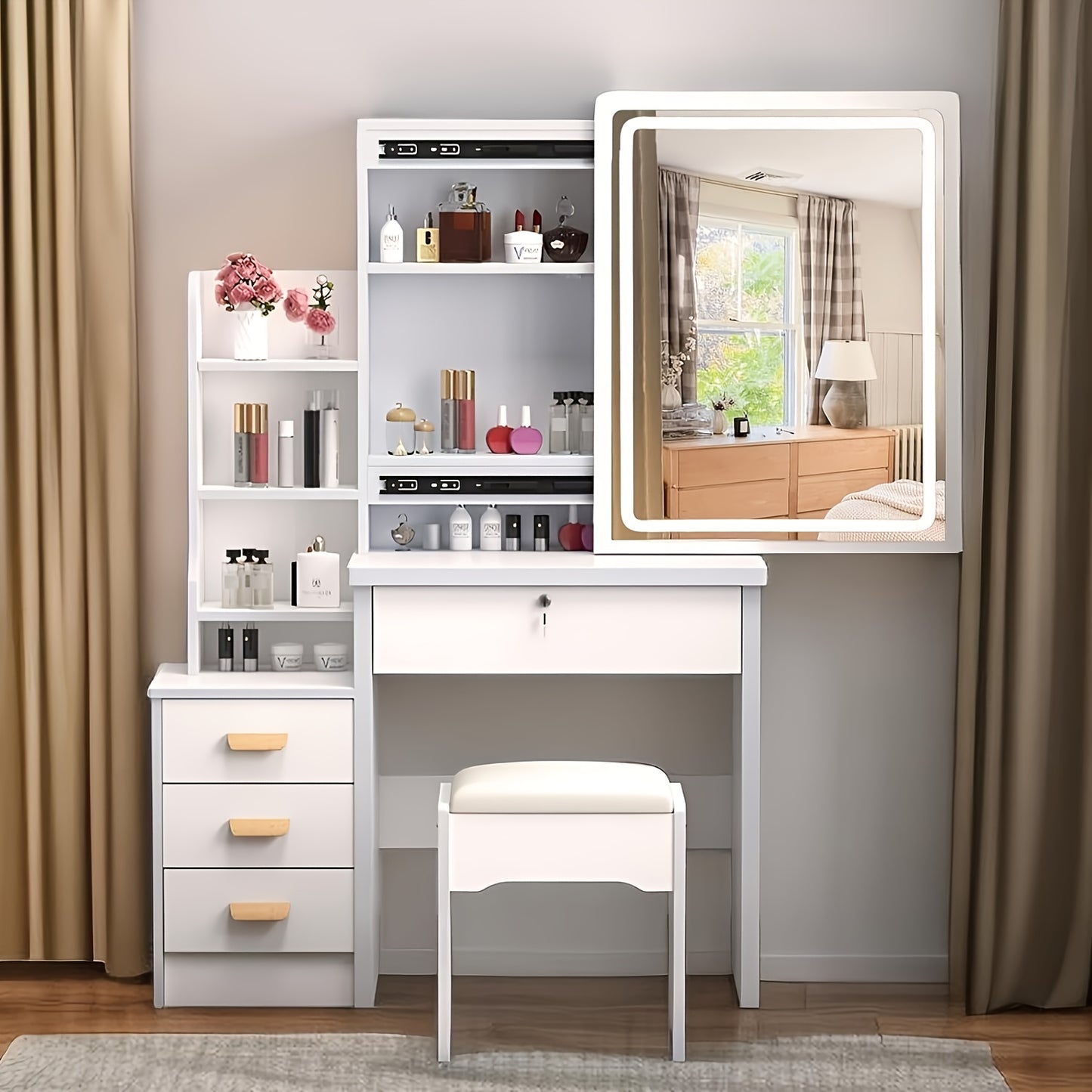 Dressing Table, Vanity Desk with Mirror, Makeup Desk, Modern Makeup Table with Mirror And Chair, LED Lights with Adjustable Brightness, 4 Drawers, 6 Hidden Shelves, for Bedroom, White/Black