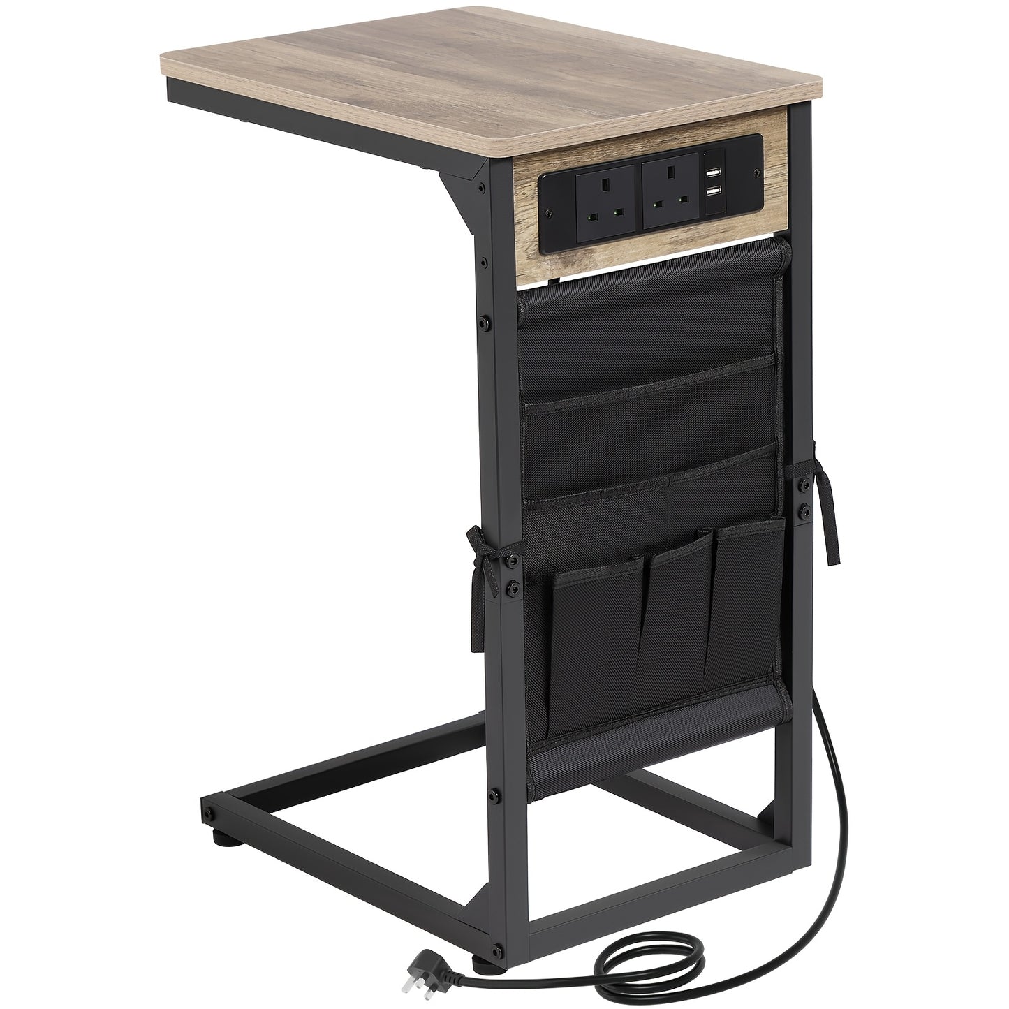 1pc/2pcs C-Shape Side Table with Charging Station, Bedside Table with Storage Bag, Coffee Table with Metal Frame for Living Room, Bedroom, Office