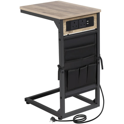 1pc/2pcs C-Shape Side Table with Charging Station, Bedside Table with Storage Bag, Coffee Table with Metal Frame for Living Room, Bedroom, Office