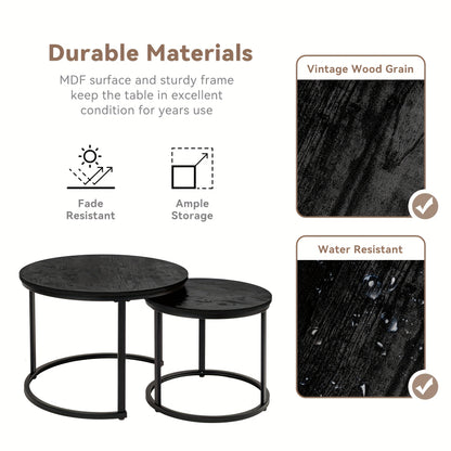 Round Coffee Table Nesting Table Set of 2, Side Table for Living Room, Multi-Functional Side Table, Metal Frame with Wood Sofa Table, Stacking Side Table for Bedroom, Balcony